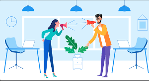 two people with bullhorns in an office environment.